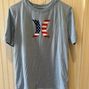 Hurley Athletic Tee T Shirt Boys Size XL Blue Flag Print Short Sleeve Sports